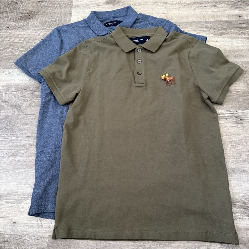 LOT of 2 Abercrombie & Fitch Stretch Polo Shirts Mens Sz Medium Blue Green Moose